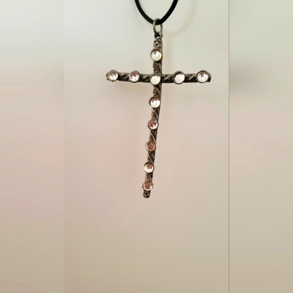 Jewelry - ✝️ Unique Rhinestone Cross Necklace with Black Cord Tie – Edgy & Sparkling